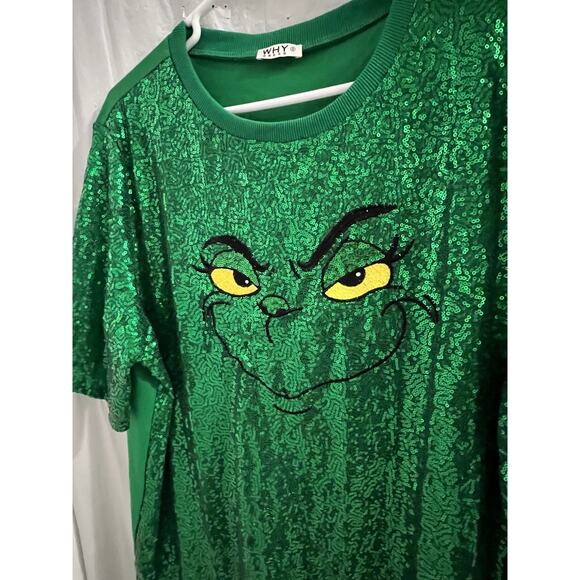 Why Dress Green Sequin Grinch Mini Dress/tunic Oversized T Shirt Dress Sz S - Picture 4 of 8
